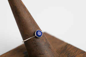 Lapis Lazuli Round Stacker: Sterling silver 1mm wire band, 6mm round cabochon lapis lazuli bezel set ring by Brian Bibeau Designs.