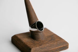 Sterling silver 16mm x 12mm oval cabochon Oregon black agate bezel set signet ring by Brian Bibeau Designs.